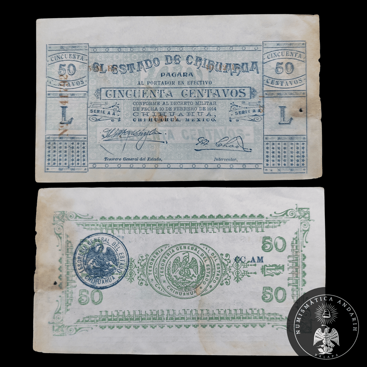 Billete 50 Centavos El Estado de Chihuahua 1914 Azul