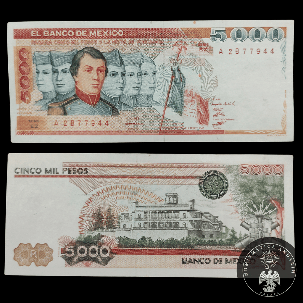 Billete 5,000 Pesos Niños Héroes Banco de México (1988) Naranja AU-VF