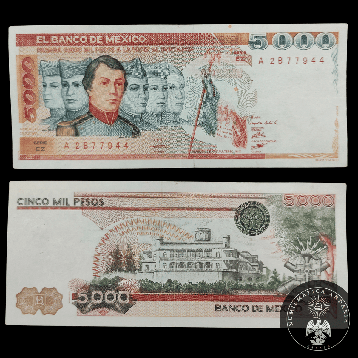 Billete 5,000 Pesos Niños Héroes Banco de México (1988) Naranja AU-VF