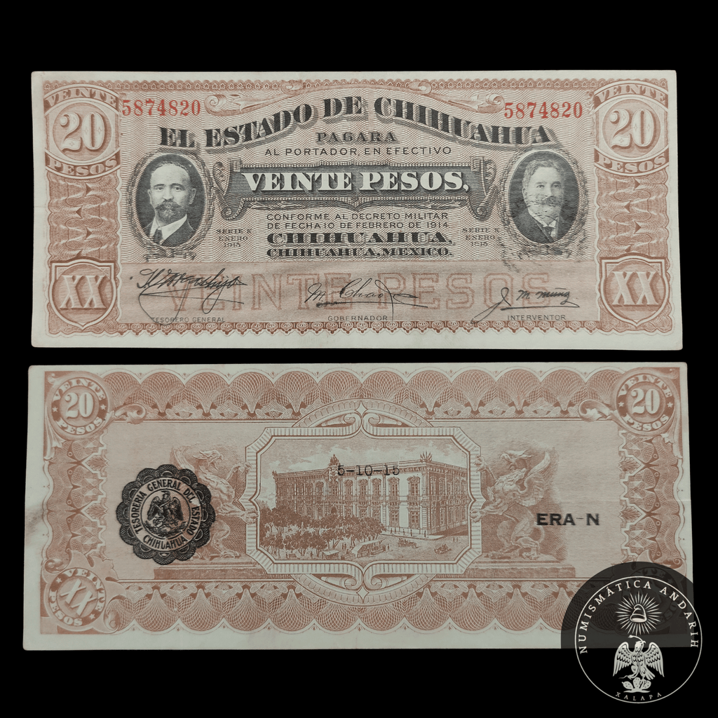 Billete El Estado de Chihuahua 20 Pesos Chihuahua 1915