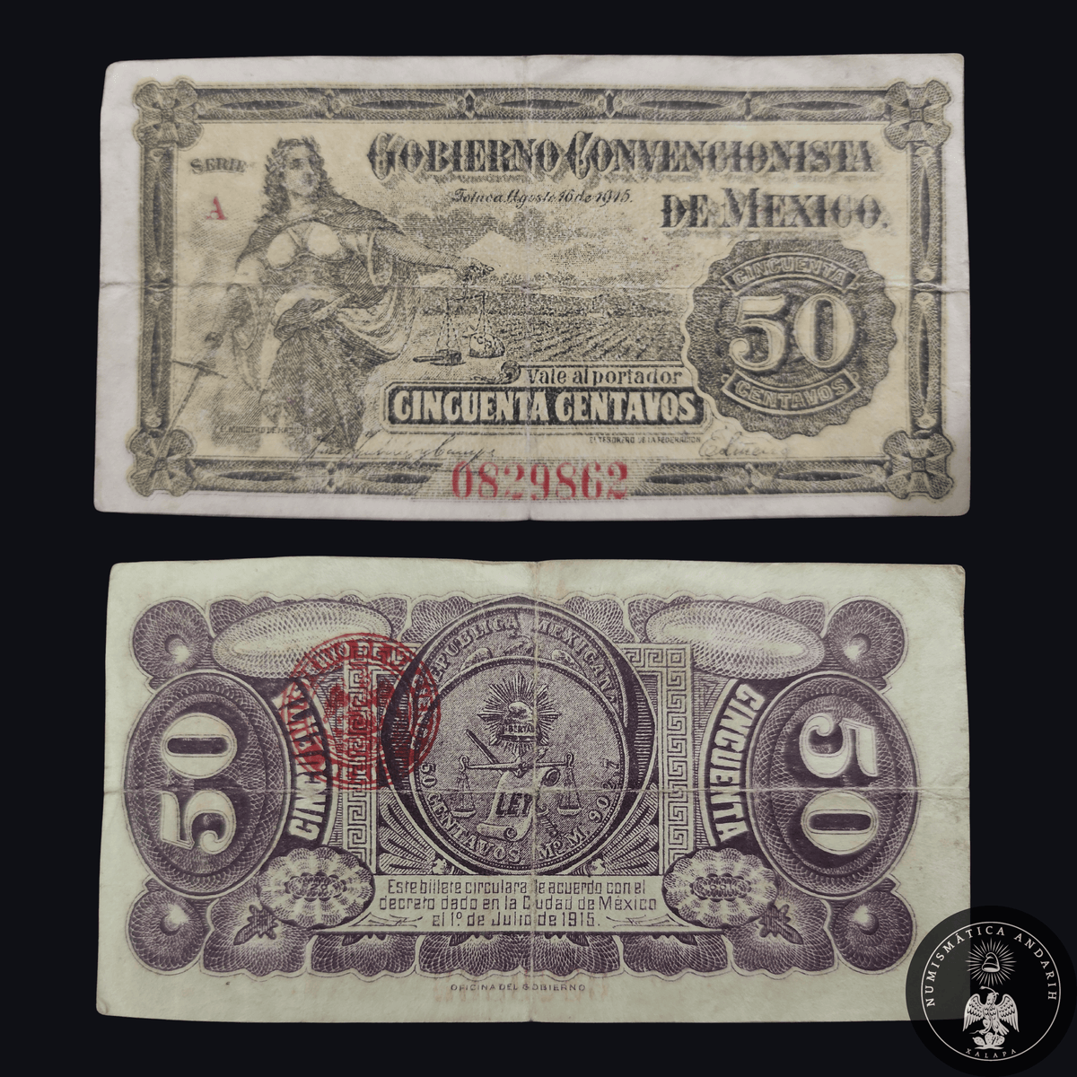 Billete 50 Cincuenta Centavos Gobierno Convencionista de México Toluca 1915