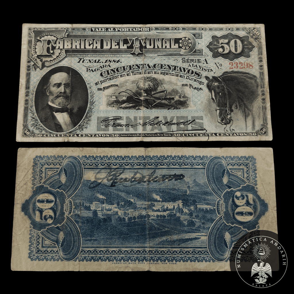 Vale al portador Fábrica del Tunal 50 Centavos El Tunal, Durango 1884