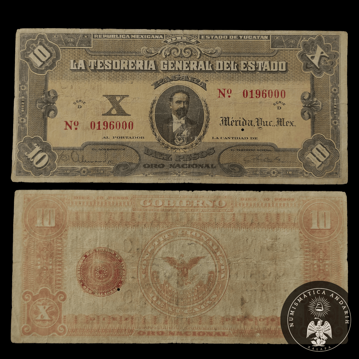 Billete La Tesorería General del Estado Yucatán 10 Pesos Mérida 1914