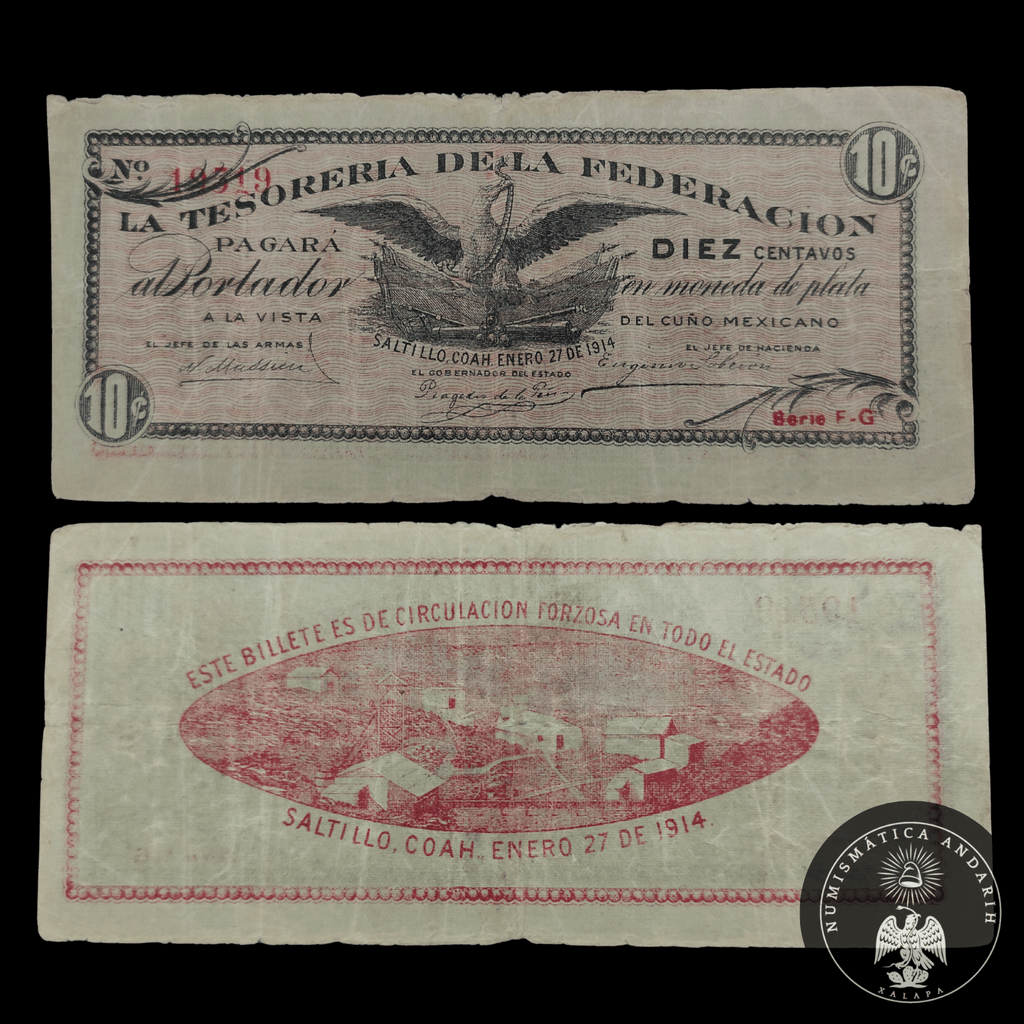 Billete 10 Centavos Tesoreria de la Federacion Saltillo Coahuila 1914