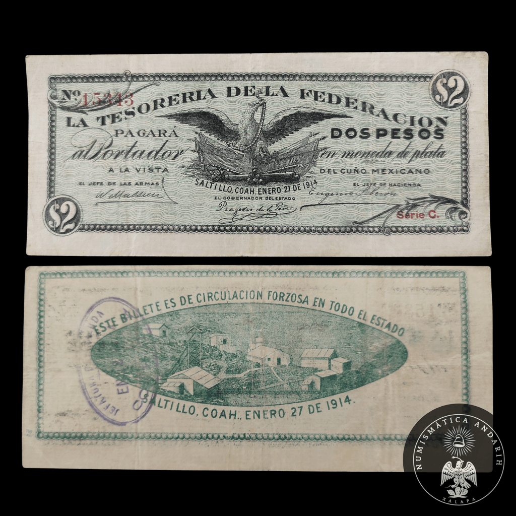 Billete 2 Pesos Tesoreria de la Federacion Saltillo Coahuila 1914