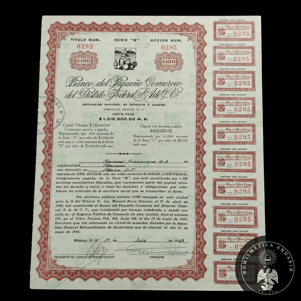 Acción Antigua del Banco del Pequeño Comercio del Distrito Federal, S.A. de C.V. año 1943