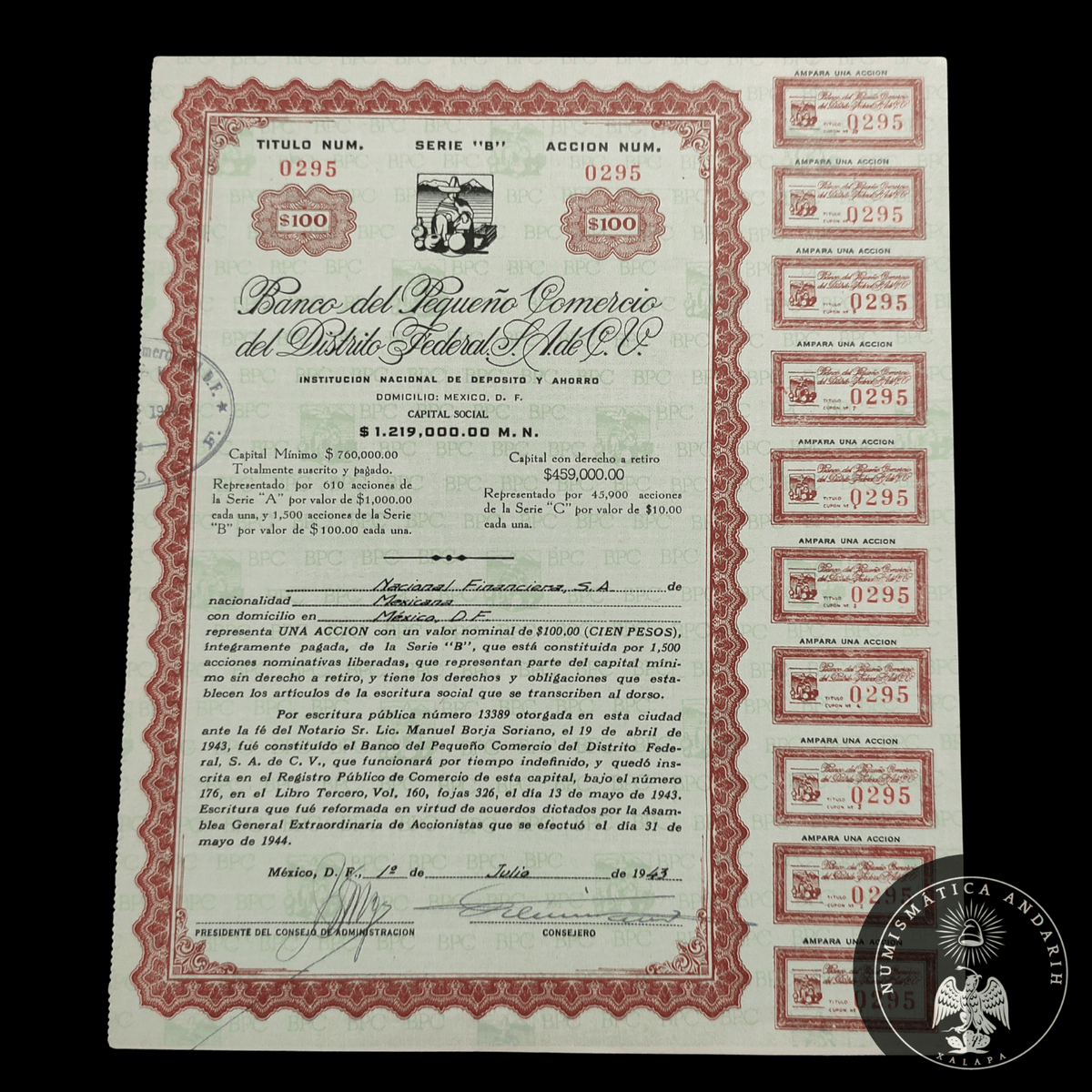 Acción Antigua del Banco del Pequeño Comercio del Distrito Federal, S.A. de C.V. año 1943