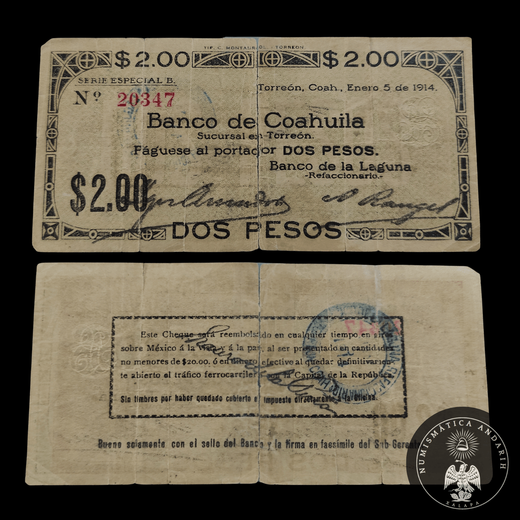 Billete / Cheque Banco de Coahuila 2 Pesos Torreón, Coahuila 1914