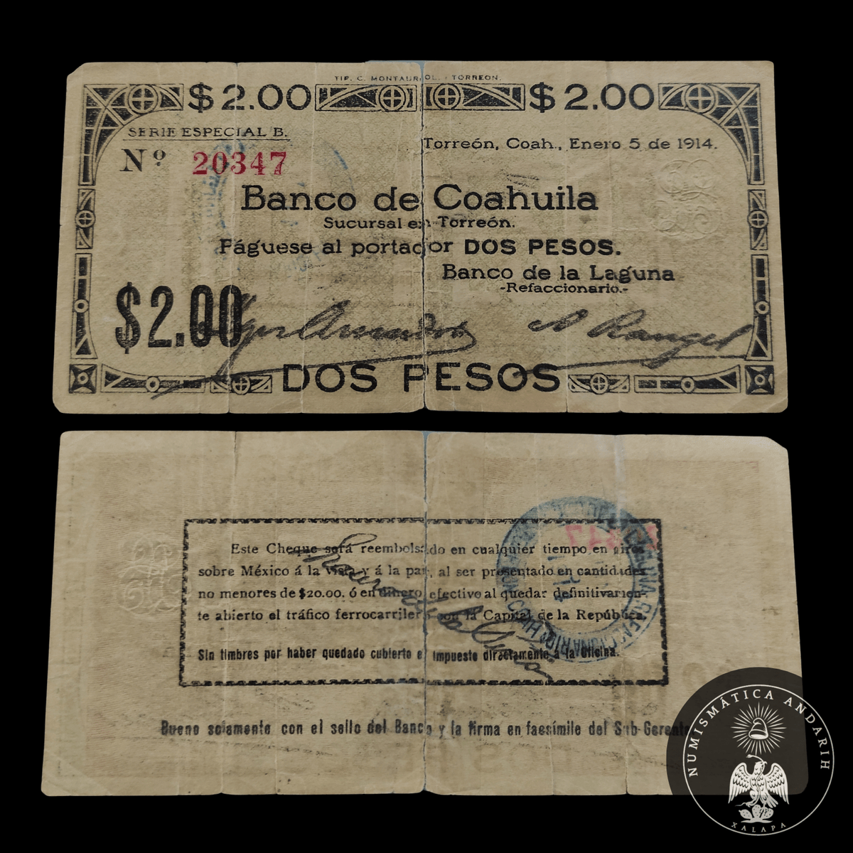 Billete / Cheque Banco de Coahuila 2 Pesos Torreón, Coahuila 1914