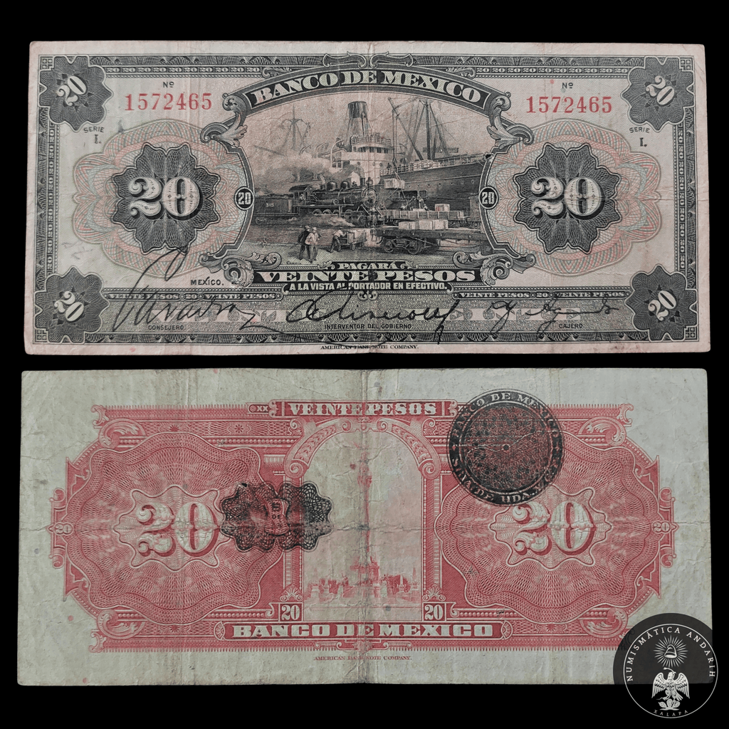 Billete 20 Pesos Banco de México Buque y Tren