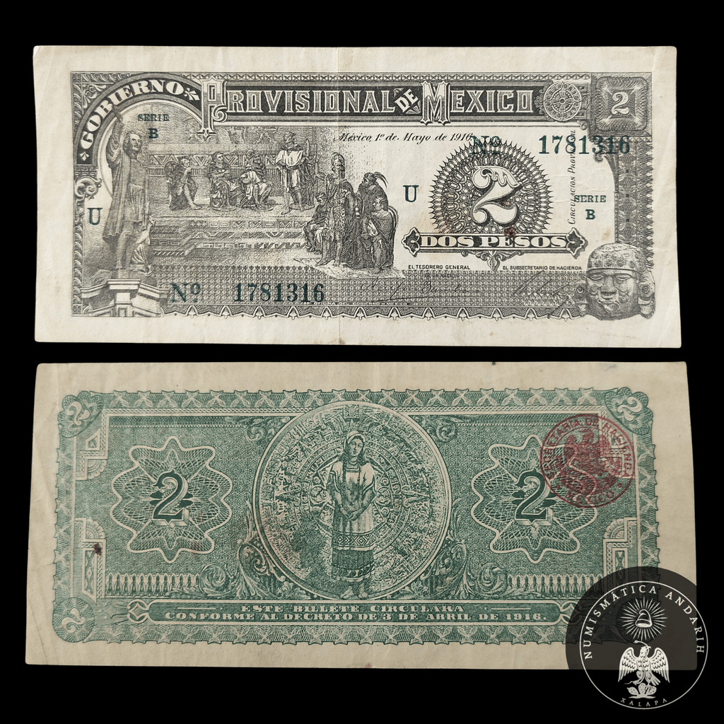Billete 2 Dos Pesos Gobierno Provisional de México 1916 "Infalsificables"