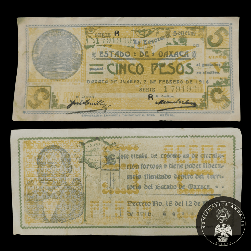 Billete 5 Pesos Tesoreria General Estado de Oaxaca 1916