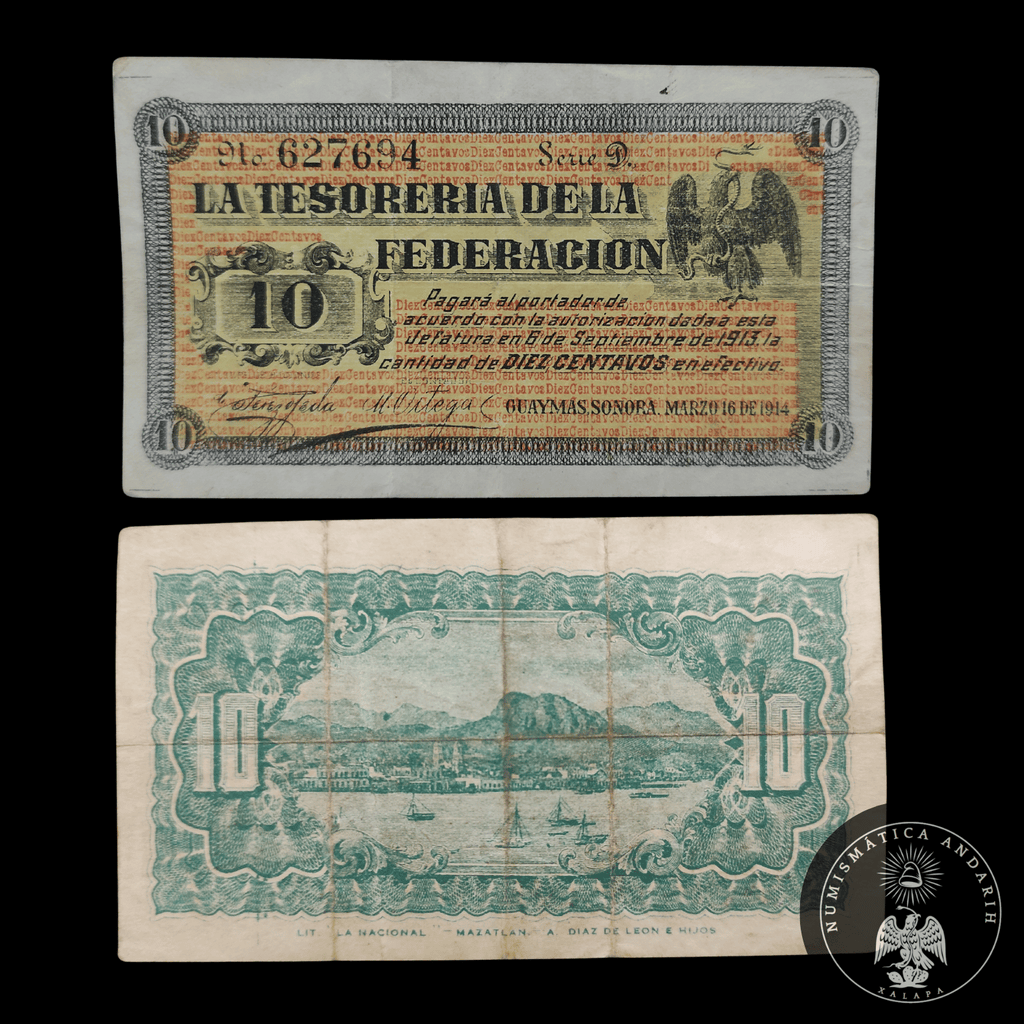 Billete La Tesorería de la Federación 10 Centavos Guaymas 1914