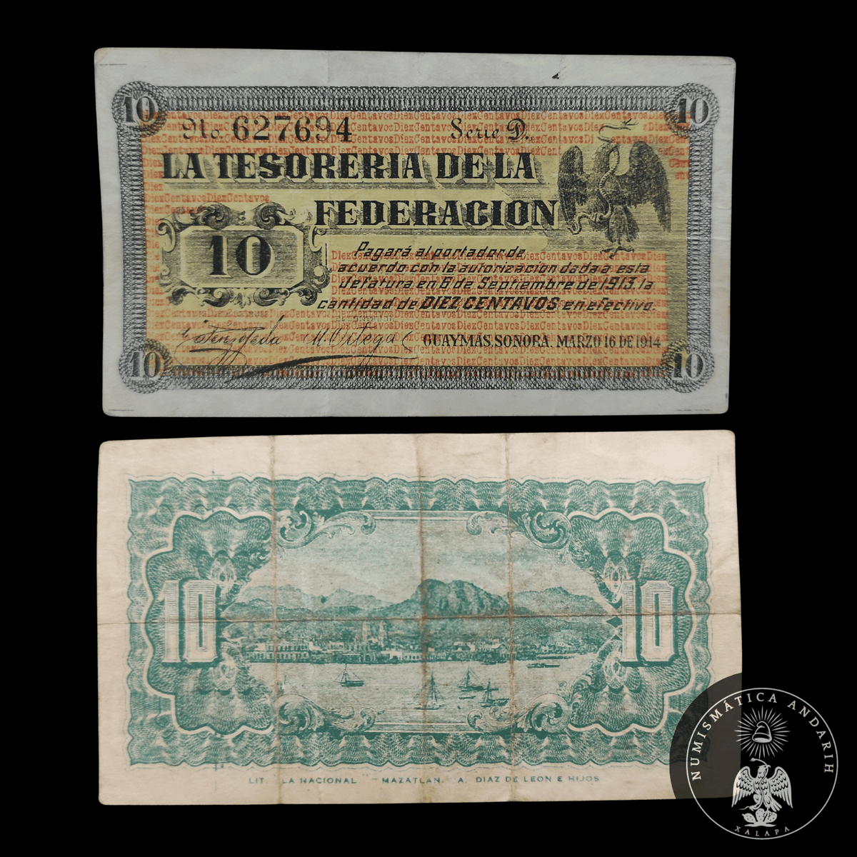 Billete La Tesorería de la Federación 10 Centavos Guaymas 1914