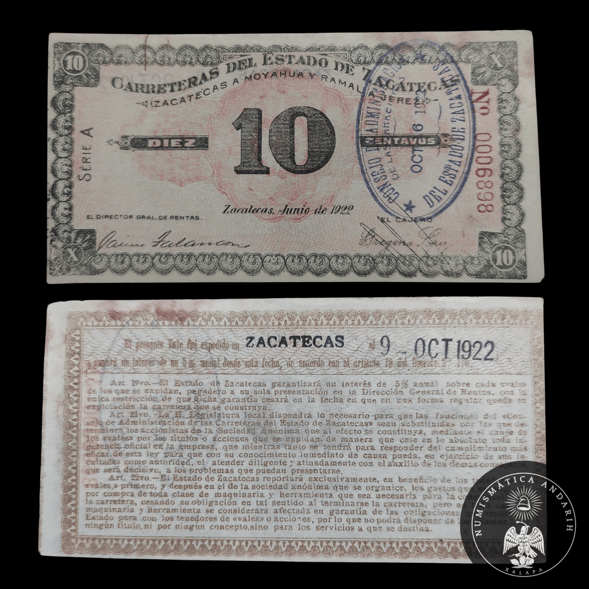 Billete Vale 10 Centavos Carreteras del Estado de Zacatecas Moyahua 1922 AU