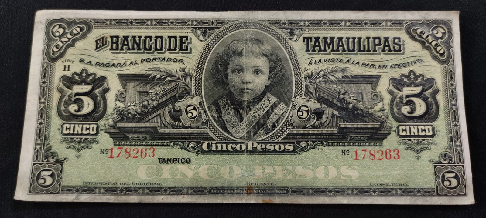 Billete El Banco de Tamaulipas Cinco Pesos Tampico