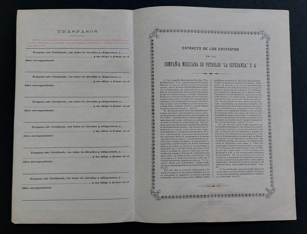 Certificado de Acciones Antiguo 1916 - Compañía Mexicana de Petróleo La Esperanza
