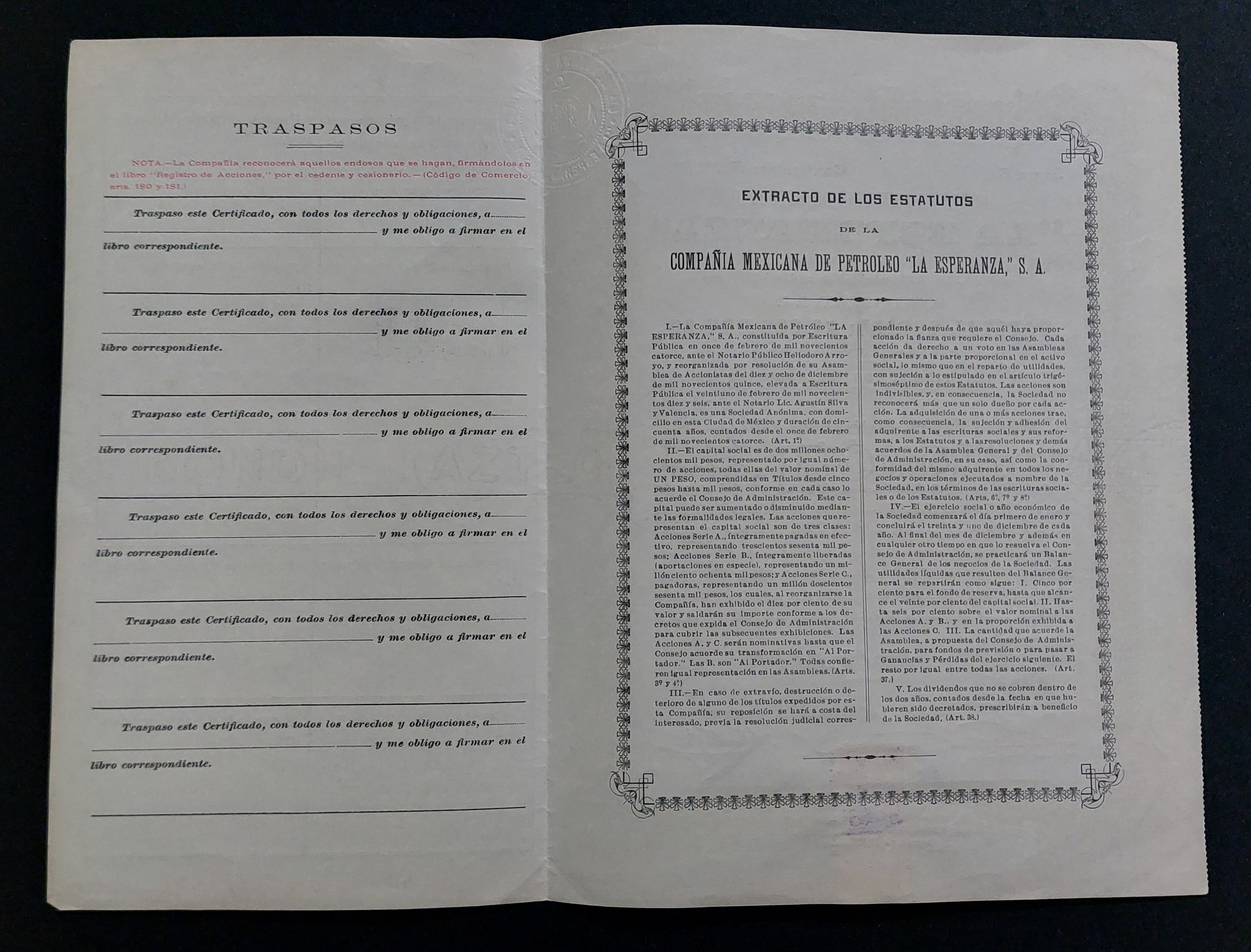 Certificado de Acciones Antiguo 1916 - Compañía Mexicana de Petróleo La Esperanza
