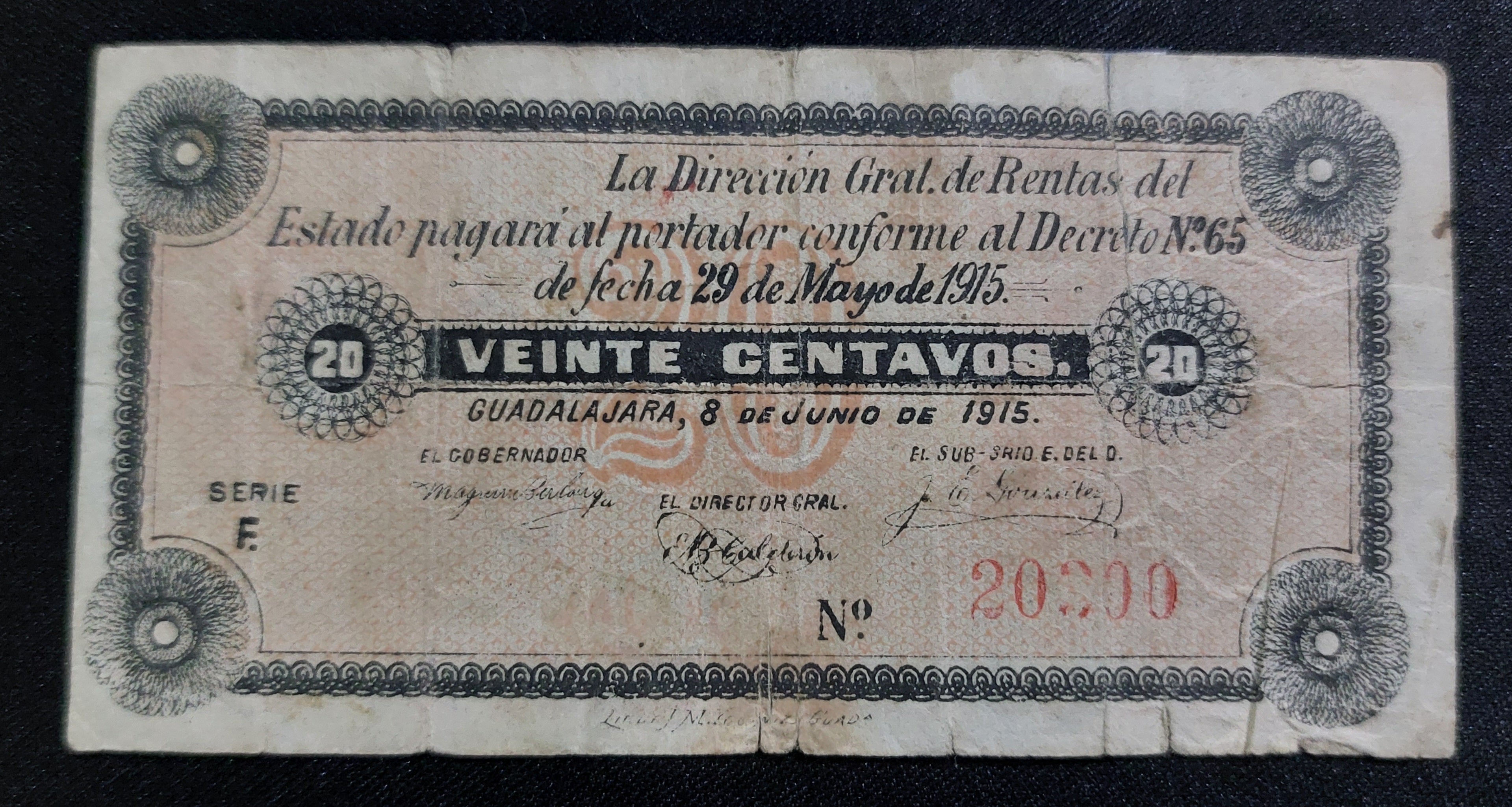 Billete de 20 Centavos 1915 - Estado de Jalisco (Guadalajara)