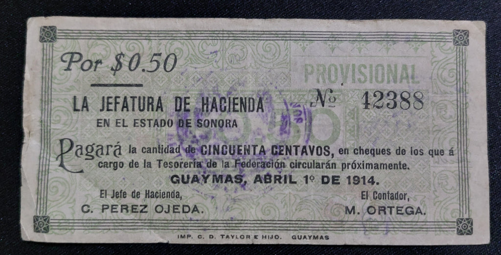 Billete de 50 Centavos 1914 - Jefatura de Hacienda de Sonora (Guaymas)