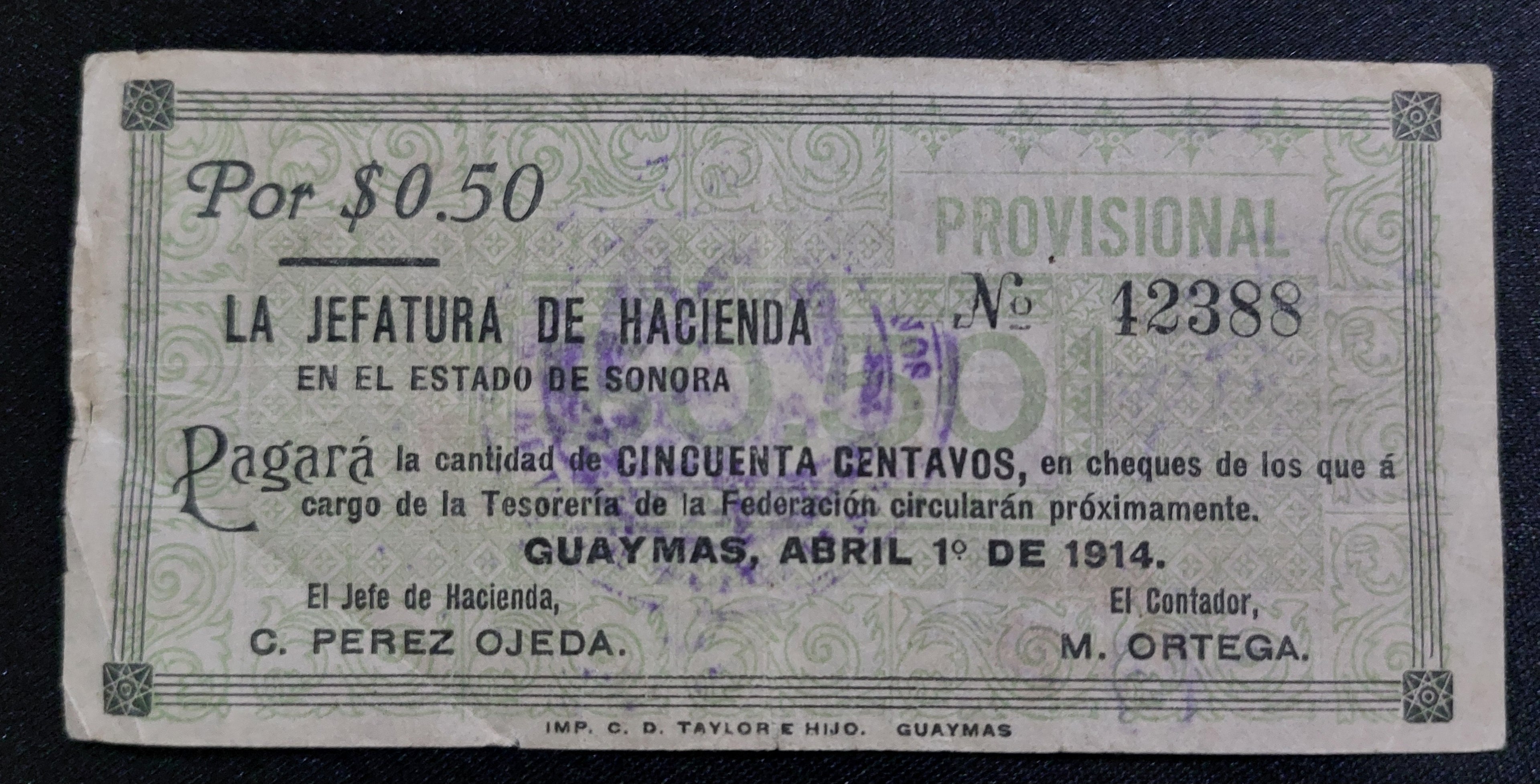 Billete de 50 Centavos 1914 - Jefatura de Hacienda de Sonora (Guaymas)