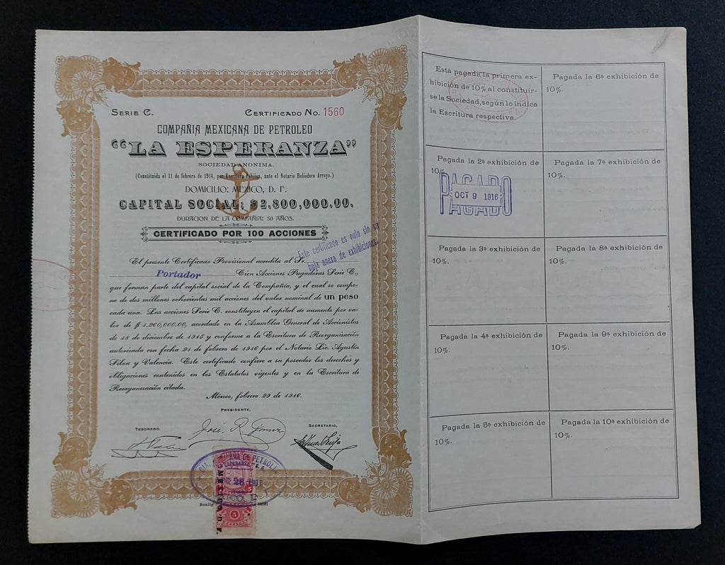 Certificado de Acciones Antiguo 1916 - Compañía Mexicana de Petróleo La Esperanza