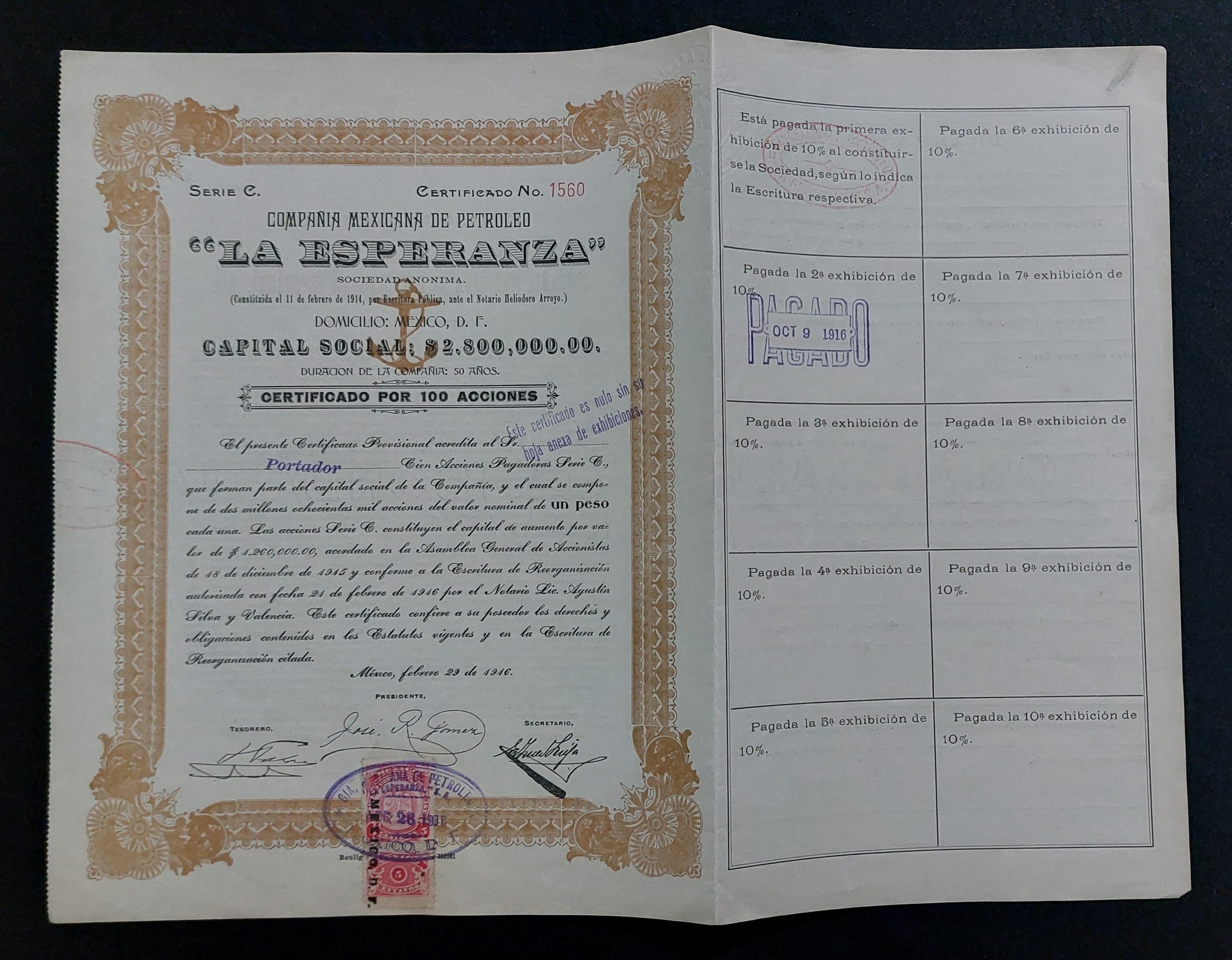 Certificado de Acciones Antiguo 1916 - Compañía Mexicana de Petróleo La Esperanza