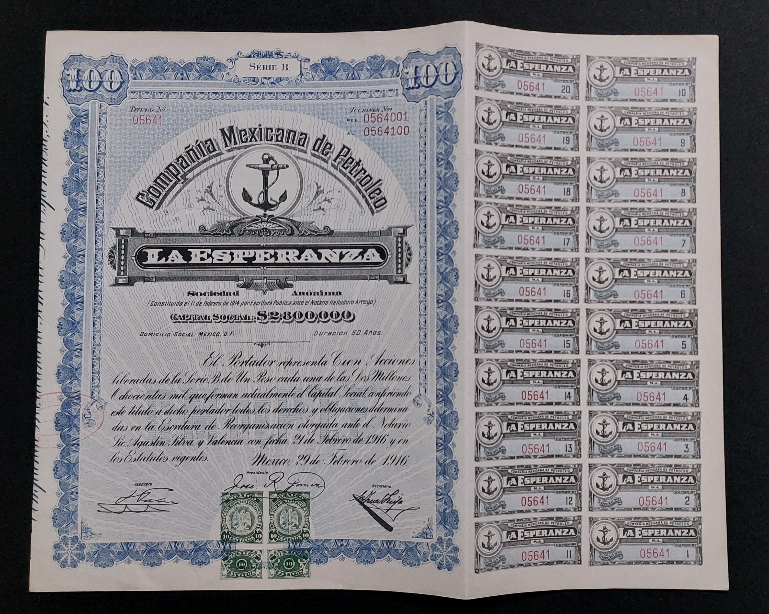 Título de Acciones Antiguo 1916 - Compañía Mexicana de Petróleo La Esperanza
