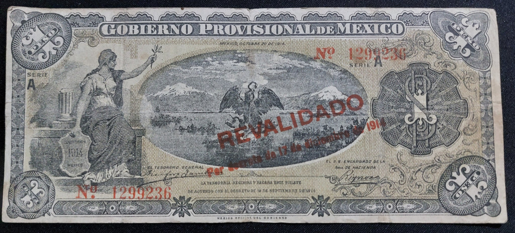 Billete de 1 Peso 1914 - Gobierno Provisional de México (Revalidado)