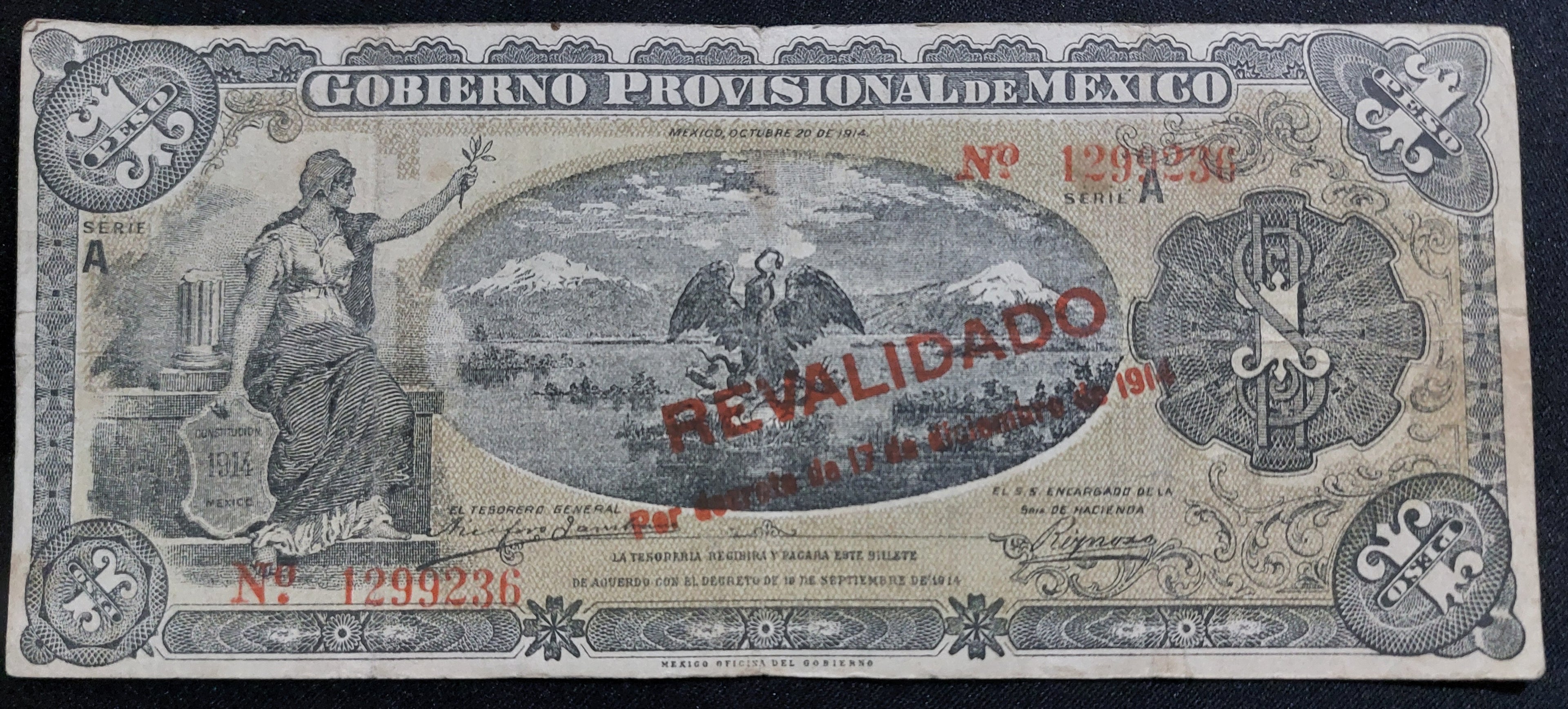Billete de 1 Peso 1914 - Gobierno Provisional de México (Revalidado)