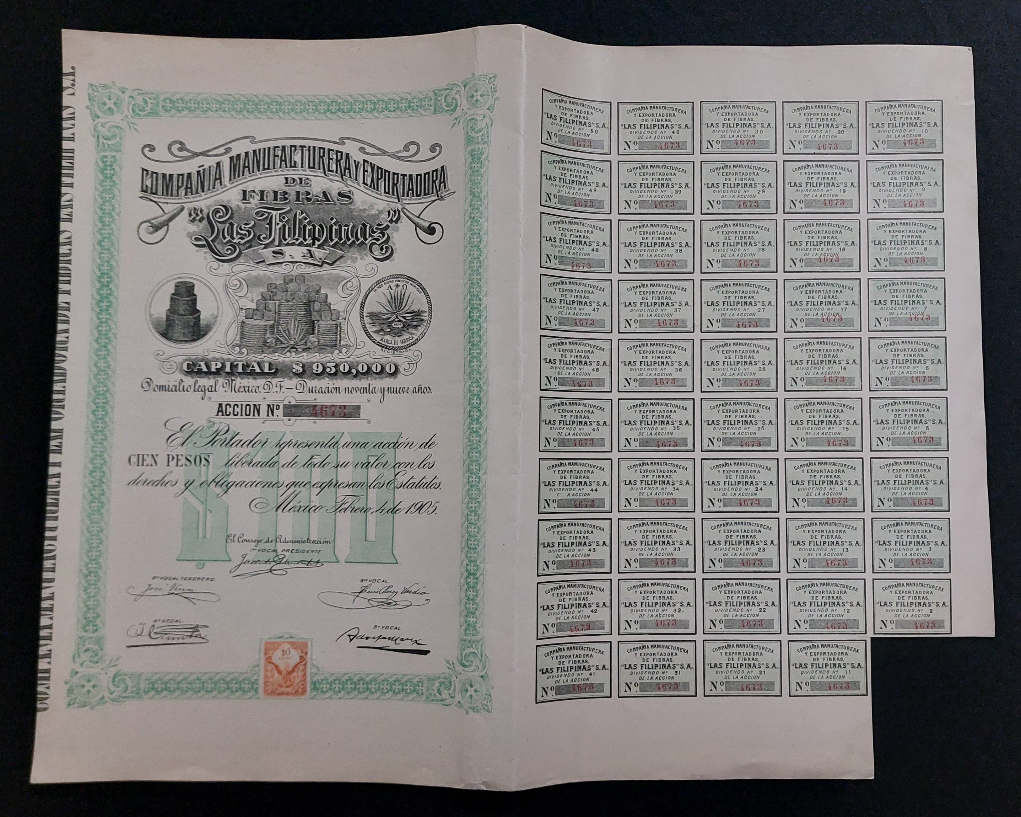 Título de Acción Antiguo 1905 - Compañía Manufacturera y Exportadora de Fibras Las Filipinas