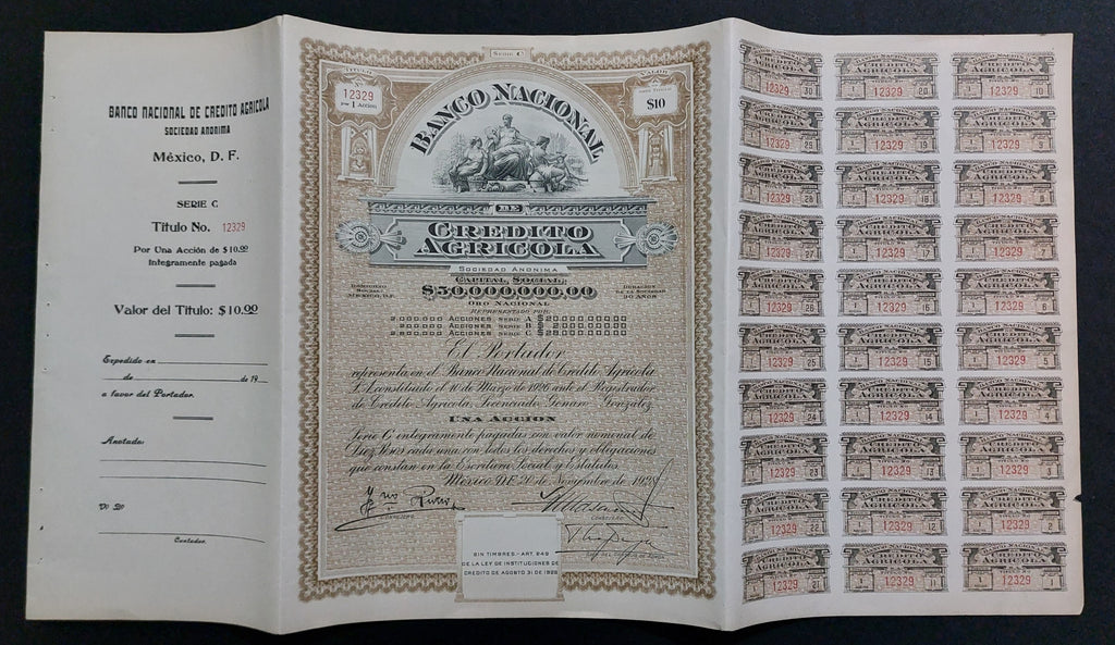 Acción Antigua de $10 Pesos 1928 - Banco Nacional de Crédito Agrícola