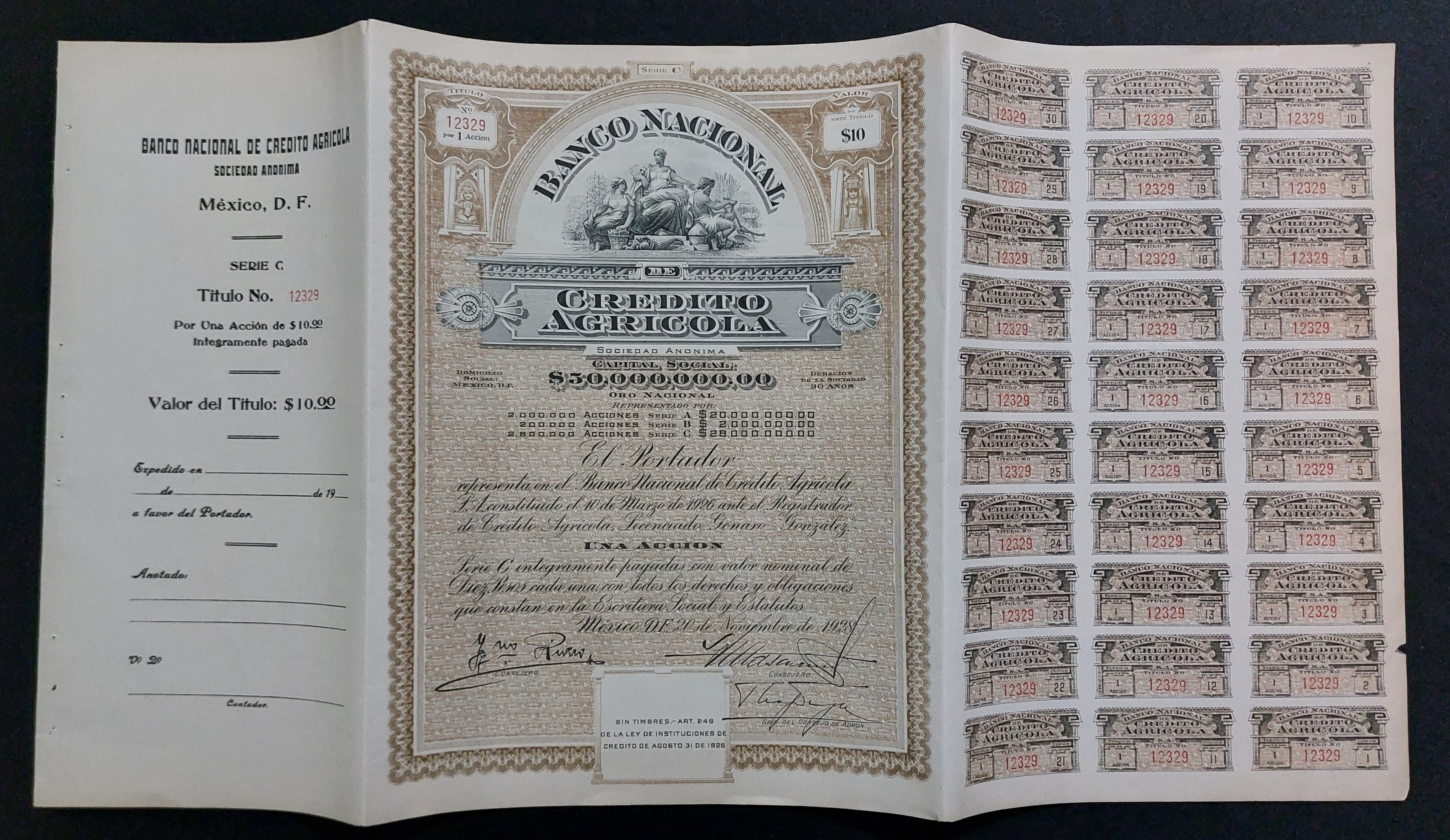 Acción Antigua de $10 Pesos 1928 - Banco Nacional de Crédito Agrícola